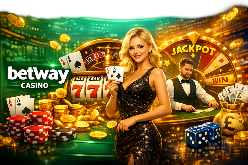 Betway Casino promotional banner with roulette, slot machine, cards, chips and jackpot elements